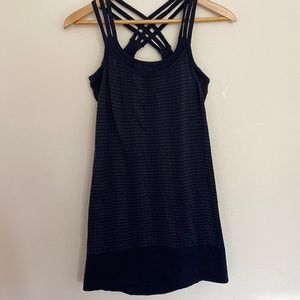 Athleta blue patterned layered open back sports bra tank criss cross sz Large